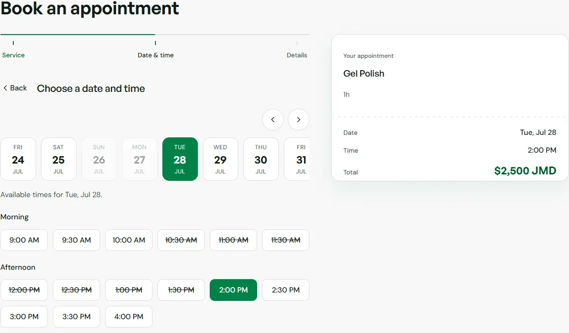 Karibify booking flow, showing a date picker, available time slots, and an appointment summary