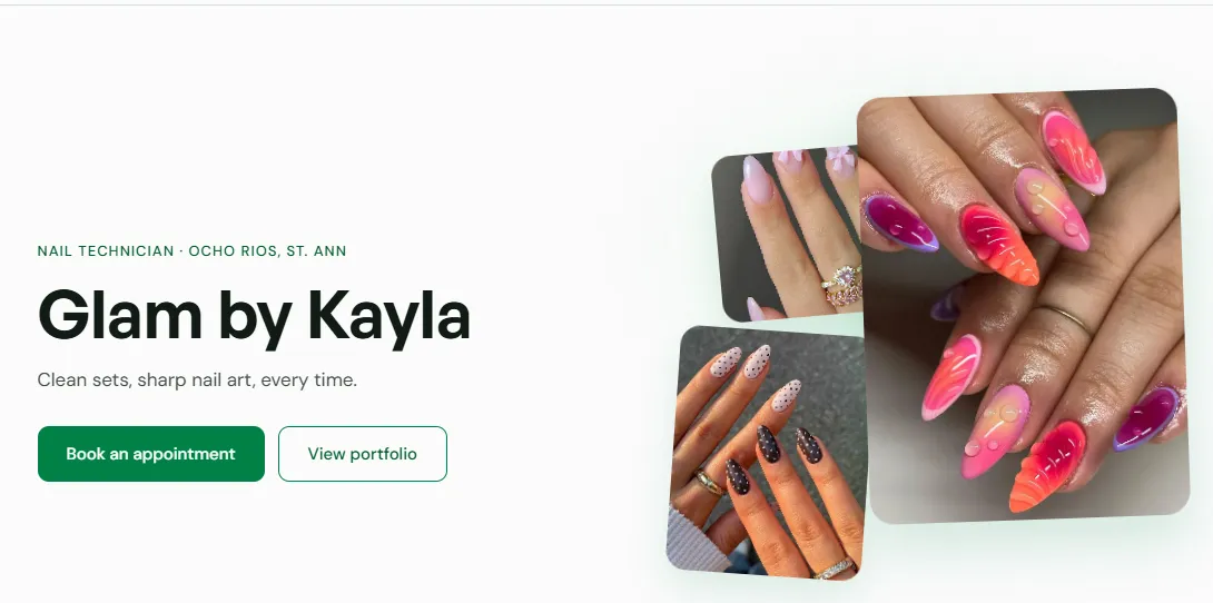 Glam by Kayla's public profile hero, showing the business name, tagline, category, location, and a Book an appointment button