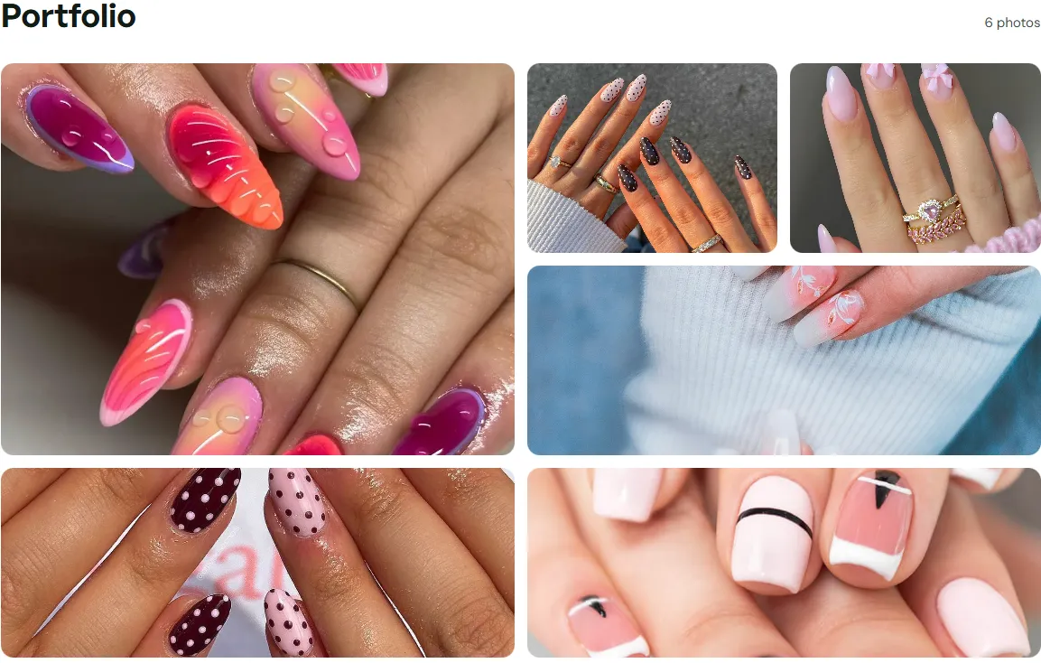 Portfolio gallery on a Karibify profile page, showing a grid of nail art photos