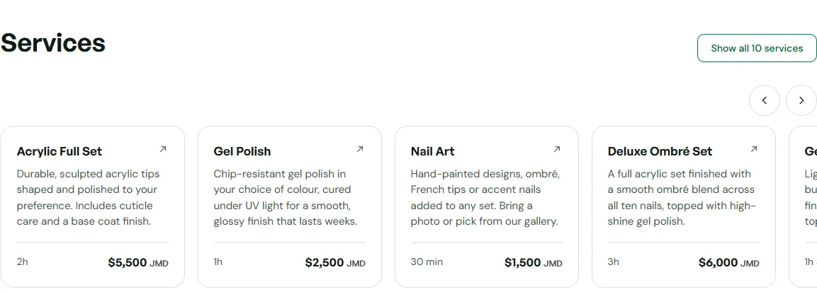 Services list on a Karibify profile page, showing service names, descriptions, prices, and durations